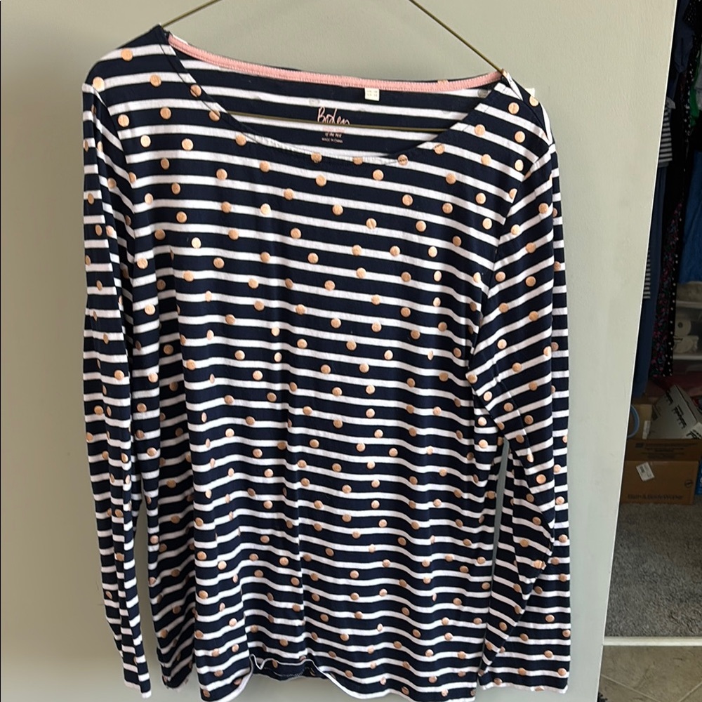 Boden Navy and White Striped Top with Gold Polka Dots